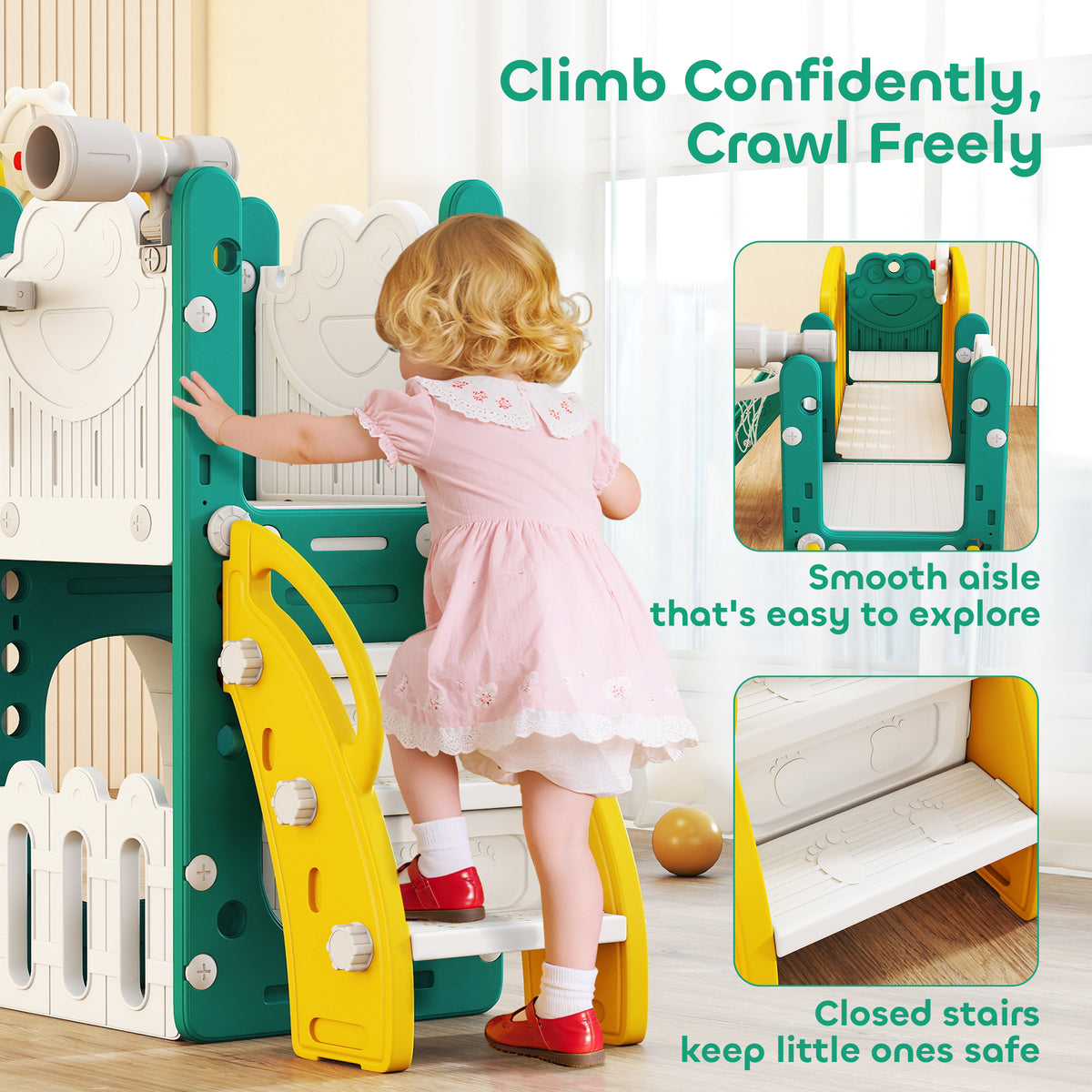 7 in 1 Toddler Slide with Basketball Hoop, Climbing Frame, Telescope, Drawing Board, Crawl Tunnel for Ages 1-3-Toys & Games > Kids Outdoor Play > Gym Sets & Swings-DECOROLALA