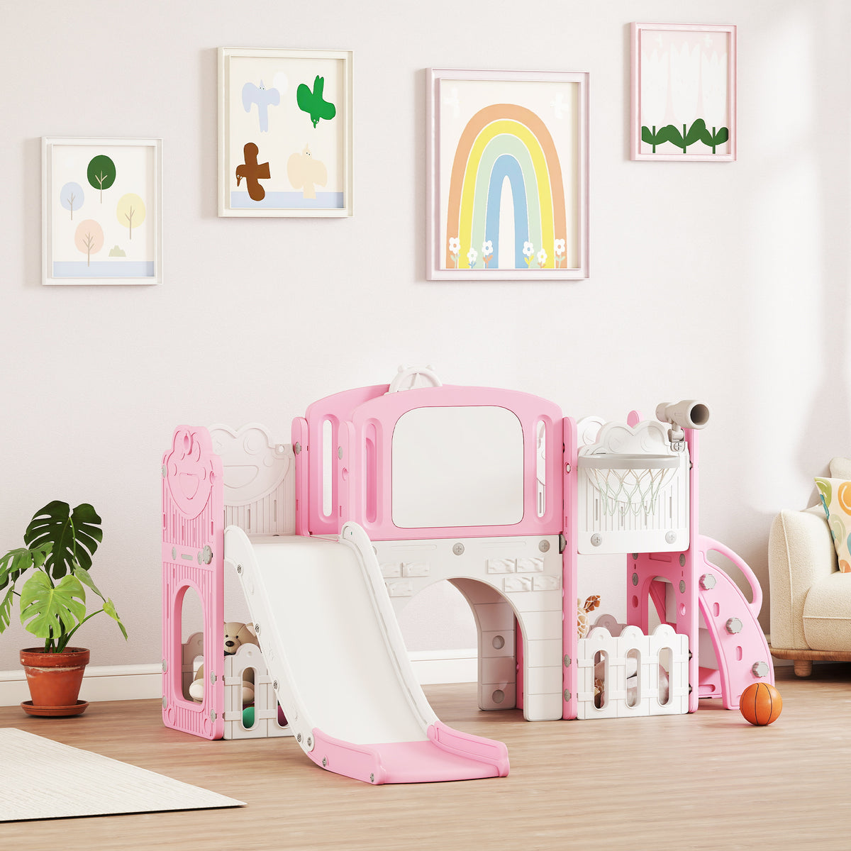7 in 1 Toddler Slide with Basketball Hoop, Climbing Frame, Telescope, Drawing Board, Crawl Tunnel for Ages 1-3-Toys & Games > Kids Outdoor Play > Gym Sets & Swings-DECOROLALA