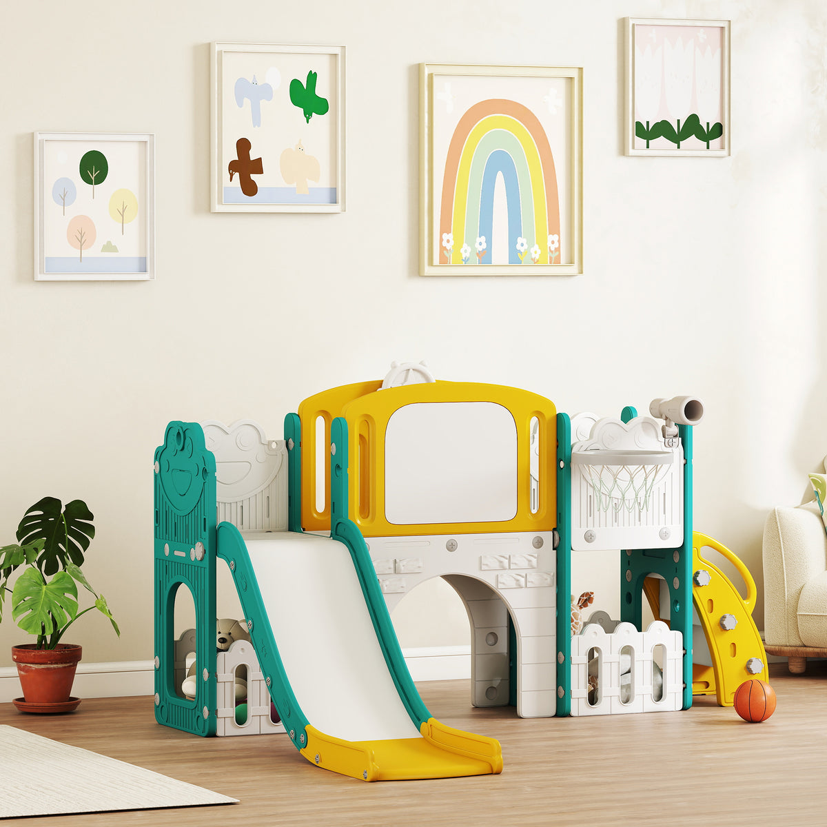 7 in 1 Toddler Slide with Basketball Hoop, Climbing Frame, Telescope, Drawing Board, Crawl Tunnel for Ages 1-3-Toys & Games > Kids Outdoor Play > Gym Sets & Swings-DECOROLALA