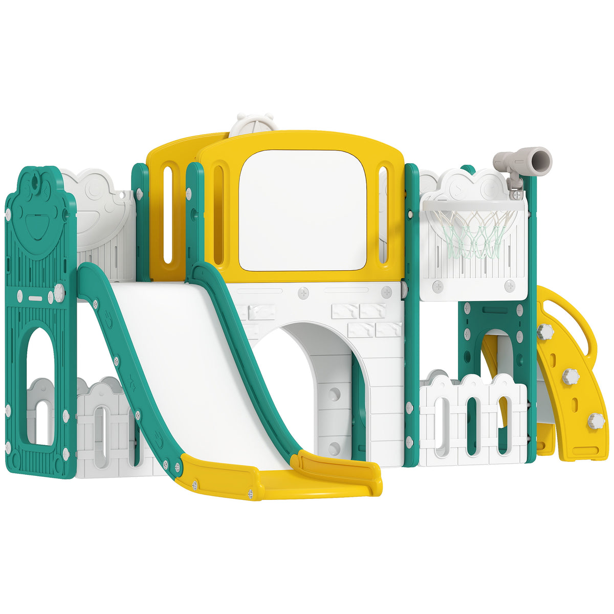 7 in 1 Toddler Slide with Basketball Hoop, Climbing Frame, Telescope, Drawing Board, Crawl Tunnel for Ages 1-3-Toys & Games > Kids Outdoor Play > Gym Sets & Swings-DECOROLALA
