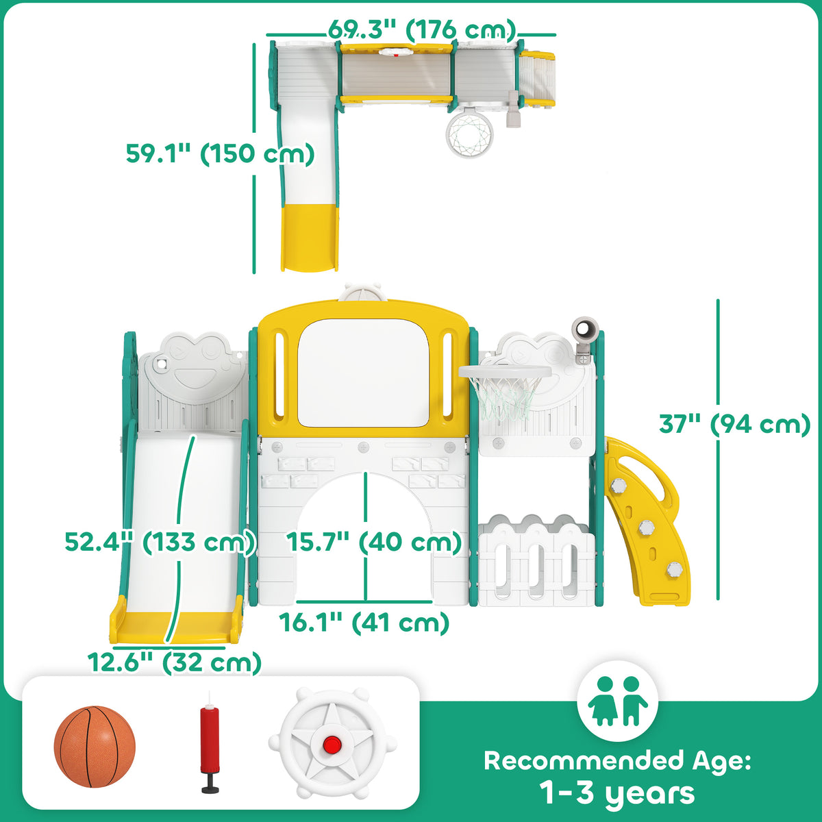 7 in 1 Toddler Slide with Basketball Hoop, Climbing Frame, Telescope, Drawing Board, Crawl Tunnel for Ages 1-3-Toys & Games > Kids Outdoor Play > Gym Sets & Swings-DECOROLALA
