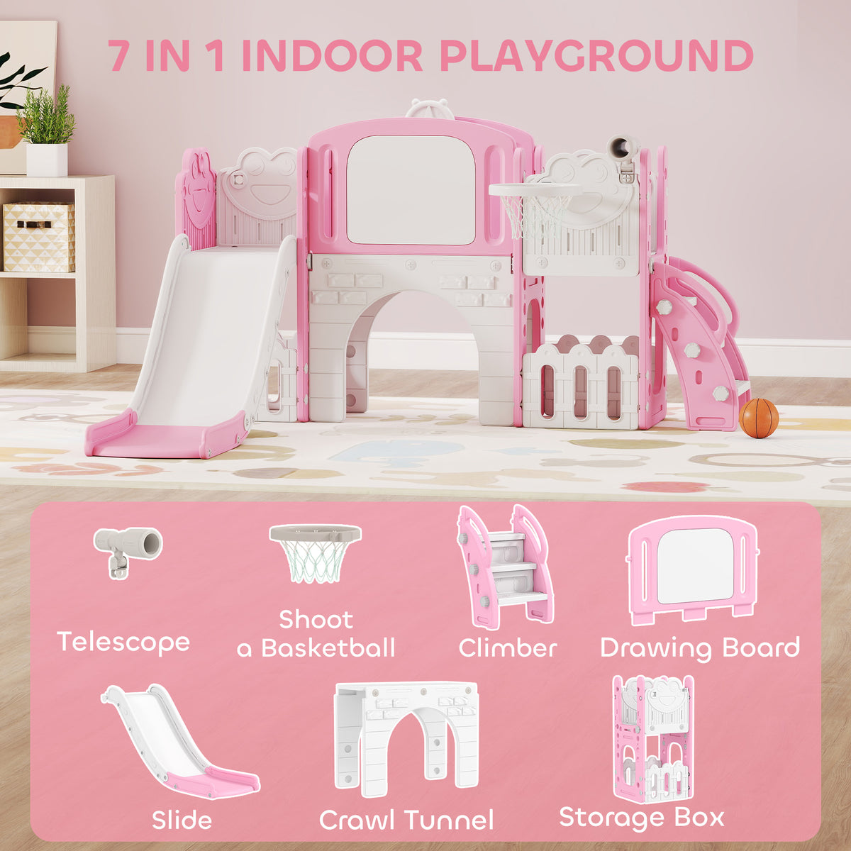 7 in 1 Toddler Slide with Basketball Hoop, Climbing Frame, Telescope, Drawing Board, Crawl Tunnel for Ages 1-3-Toys & Games > Kids Outdoor Play > Gym Sets & Swings-DECOROLALA