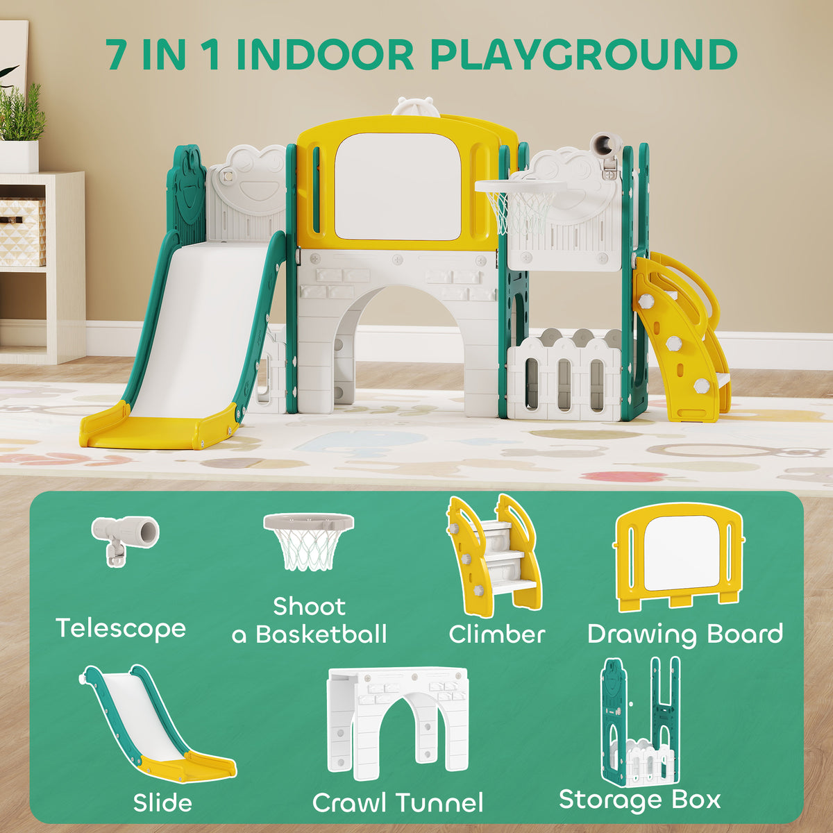 7 in 1 Toddler Slide with Basketball Hoop, Climbing Frame, Telescope, Drawing Board, Crawl Tunnel for Ages 1-3-Toys & Games > Kids Outdoor Play > Gym Sets & Swings-DECOROLALA