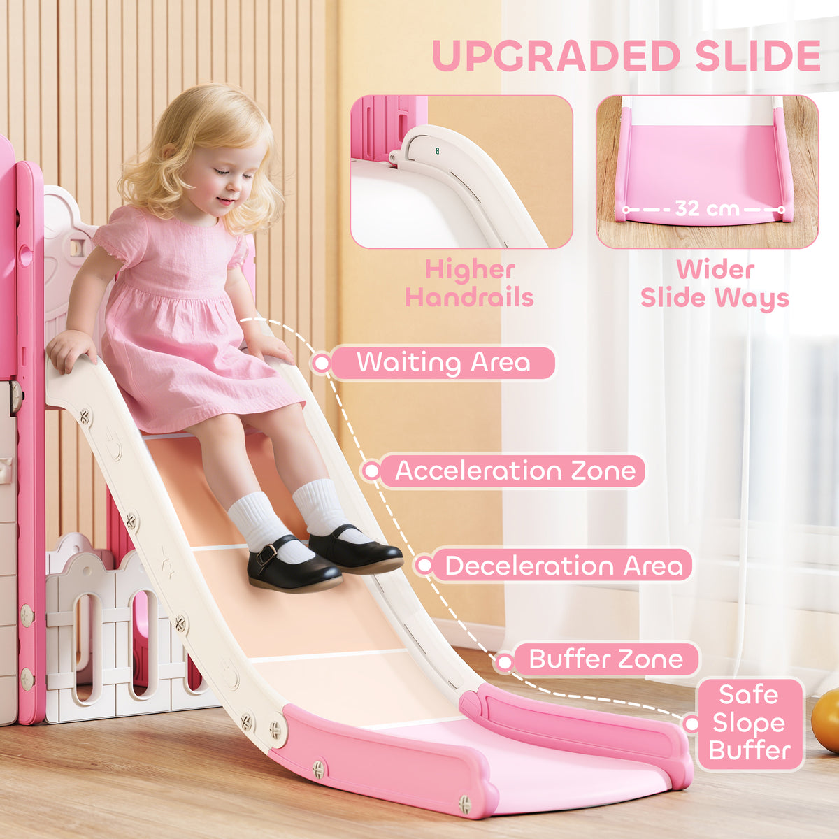 7 in 1 Toddler Slide with Basketball Hoop, Climbing Frame, Telescope, Drawing Board, Crawl Tunnel for Ages 1-3-Toys & Games > Kids Outdoor Play > Gym Sets & Swings-DECOROLALA