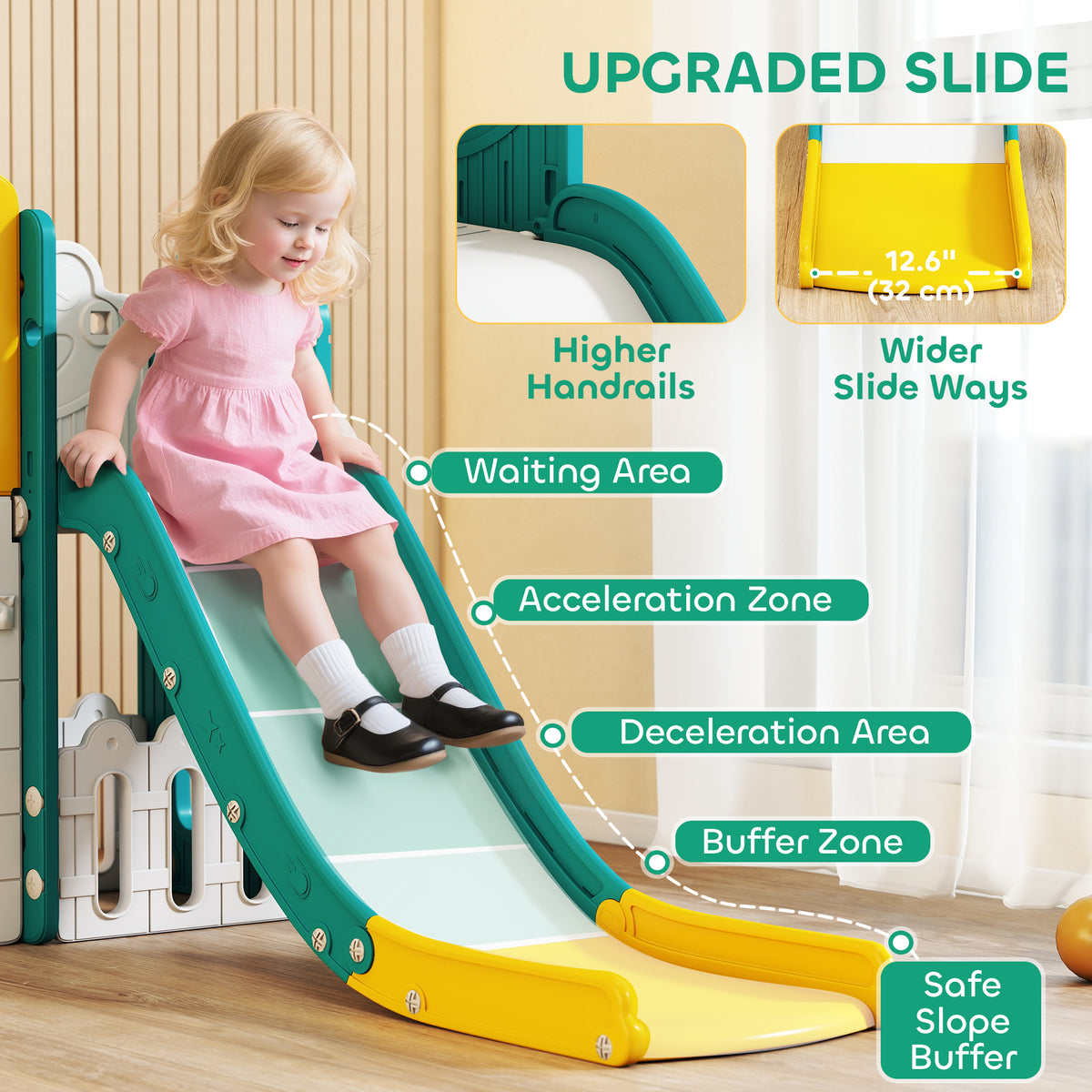 7 in 1 Toddler Slide with Basketball Hoop, Climbing Frame, Telescope, Drawing Board, Crawl Tunnel for Ages 1-3-Toys & Games > Kids Outdoor Play > Gym Sets & Swings-DECOROLALA