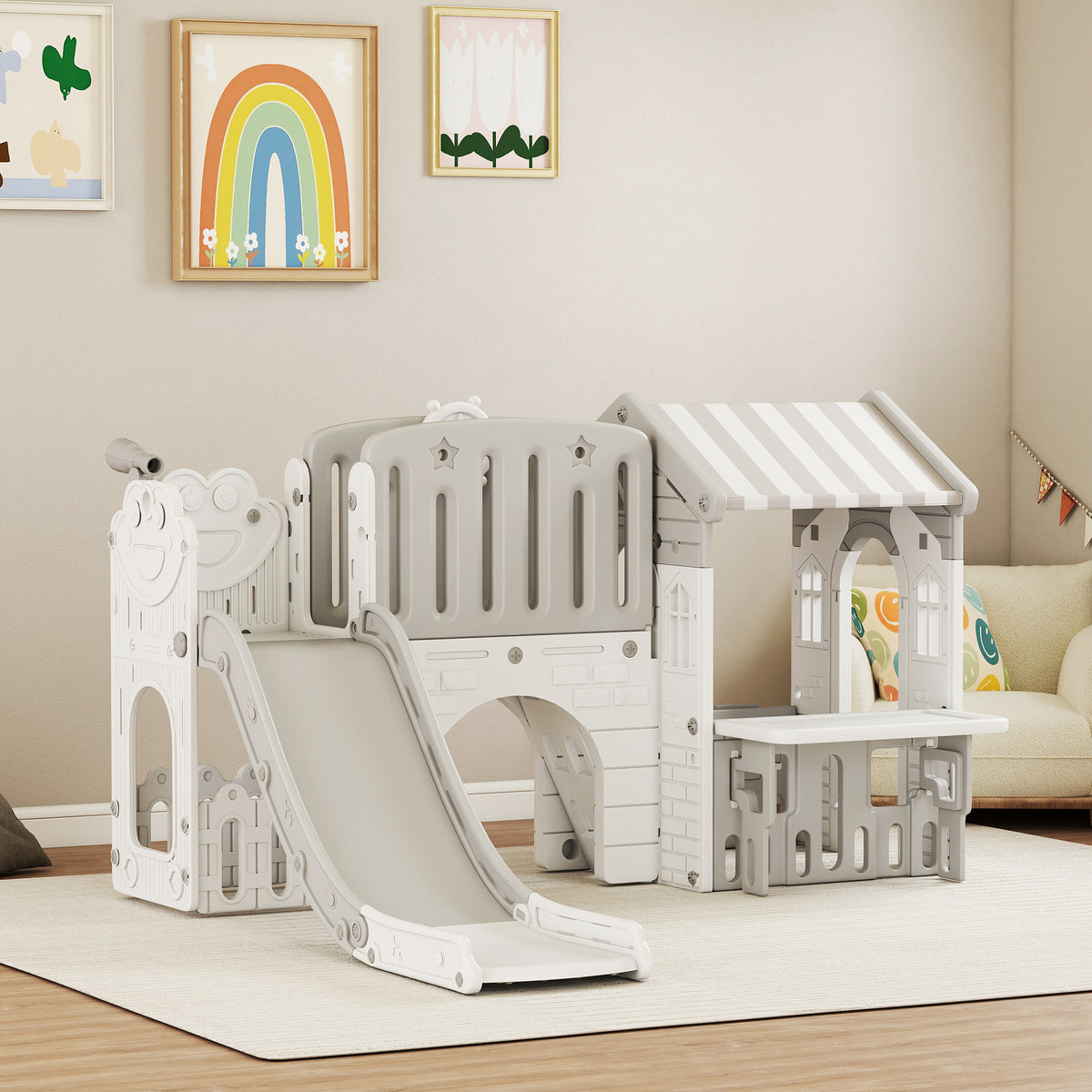 7-in-1 Toddler Slide, Kids Slide Climber Playset with Playhouse and Basketball Hoop for 1-4 Years-Toys & Games > Kids Outdoor Play > Gym Sets & Swings-DECOROLALA