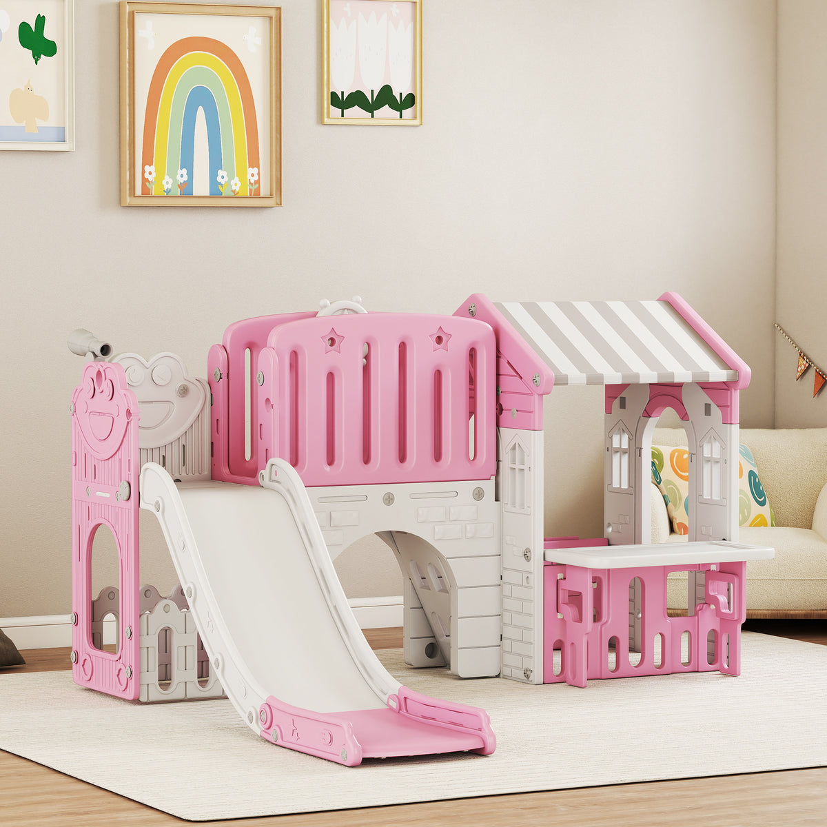 7-in-1 Toddler Slide, Kids Slide Climber Playset with Playhouse and Basketball Hoop for 1-4 Years-Toys & Games > Kids Outdoor Play > Gym Sets & Swings-DECOROLALA