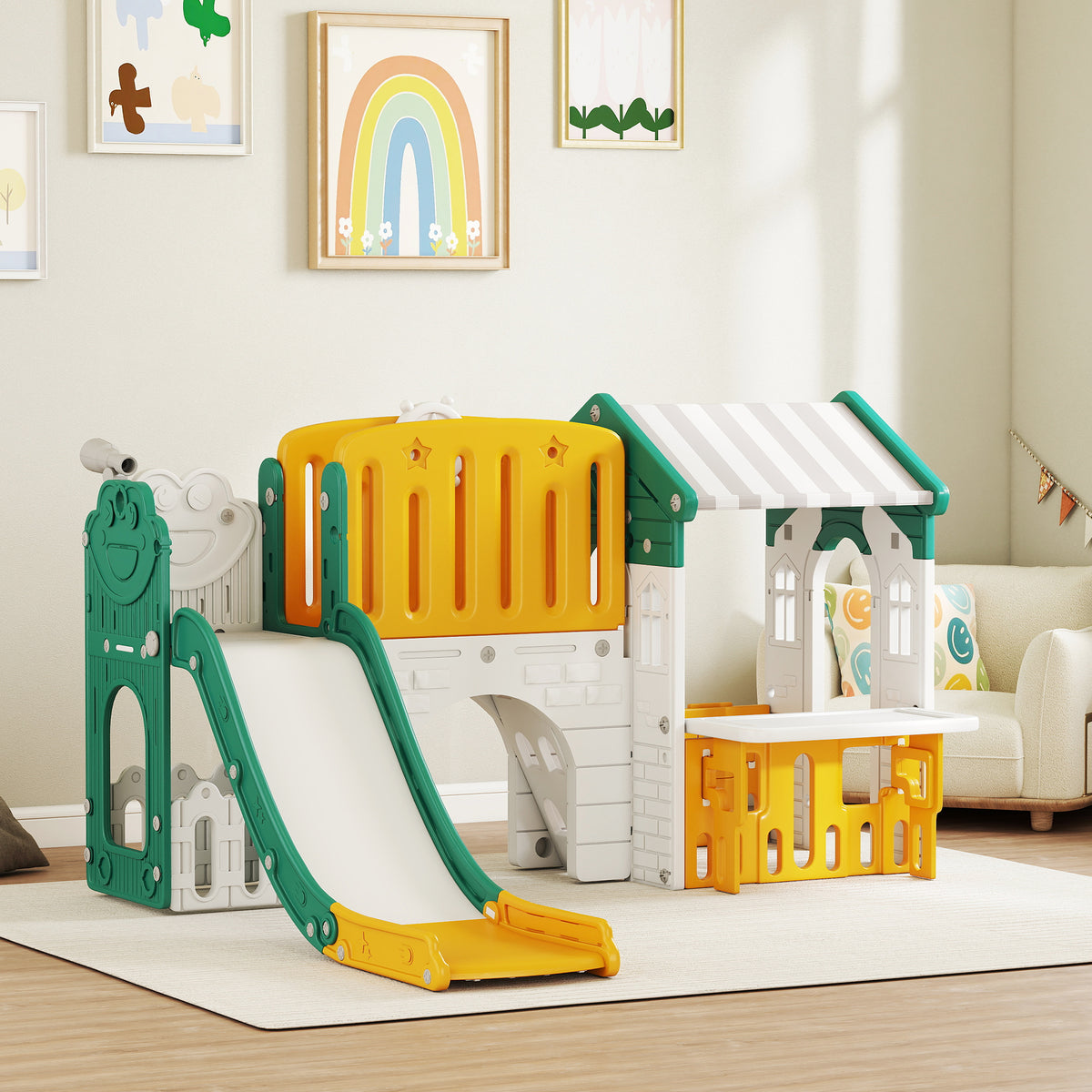7-in-1 Toddler Slide, Kids Slide Climber Playset with Playhouse and Basketball Hoop for 1-4 Years-Toys & Games > Kids Outdoor Play > Gym Sets & Swings-DECOROLALA