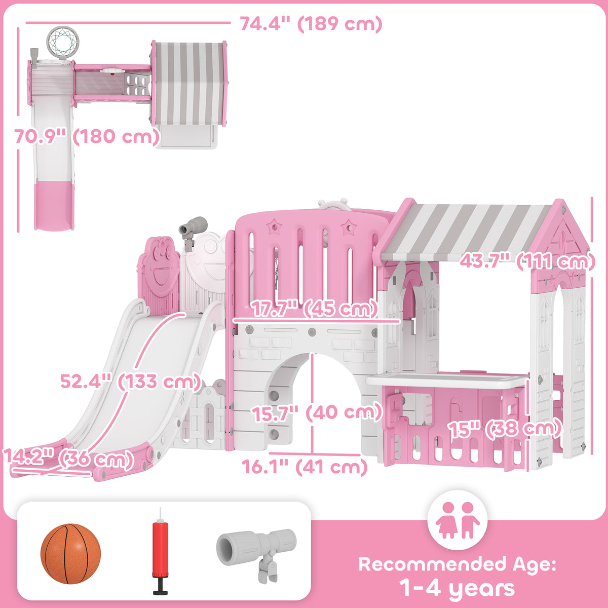 7-in-1 Toddler Slide, Kids Slide Climber Playset with Playhouse and Basketball Hoop for 1-4 Years-Toys & Games > Kids Outdoor Play > Gym Sets & Swings-DECOROLALA