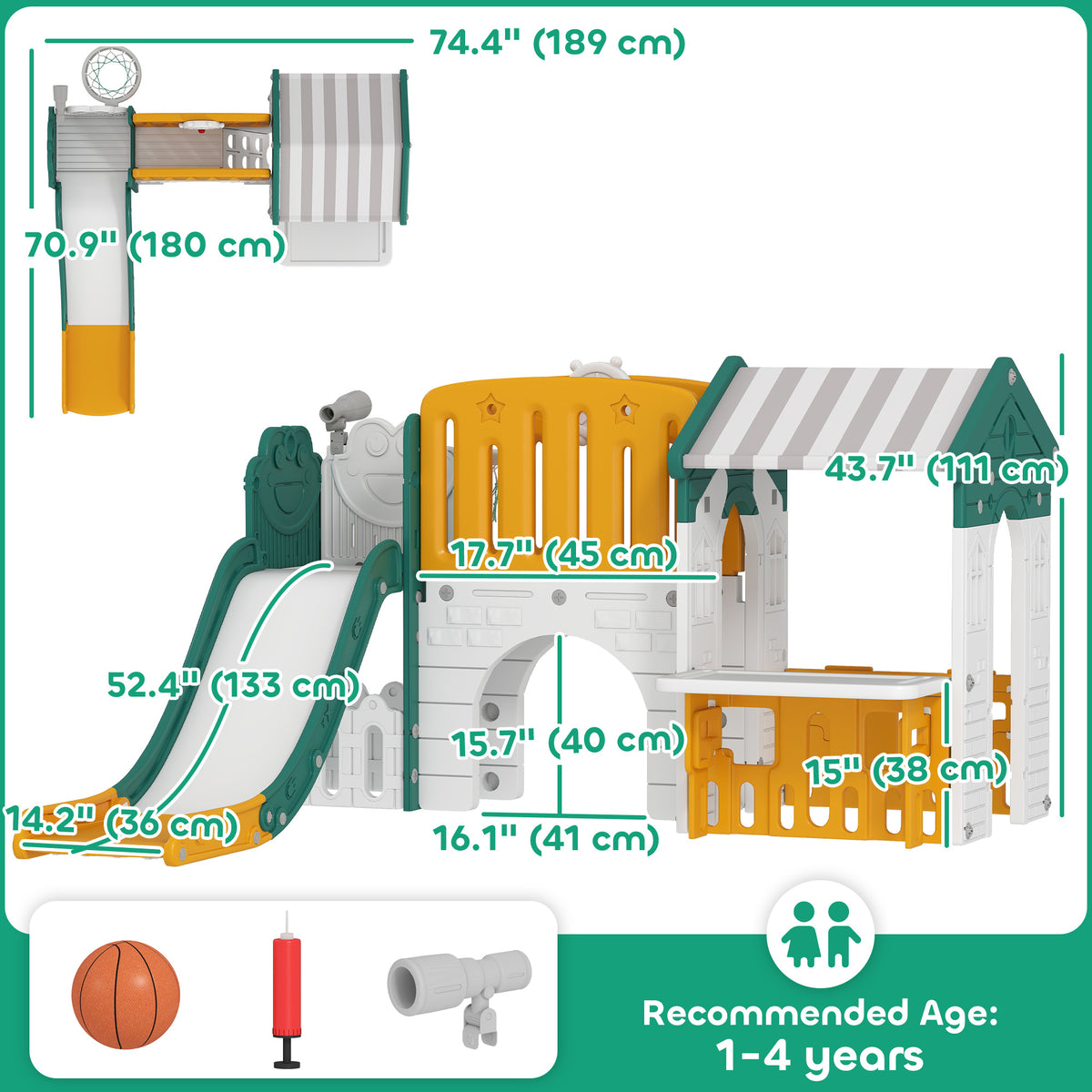 7-in-1 Toddler Slide, Kids Slide Climber Playset with Playhouse and Basketball Hoop for 1-4 Years-Toys & Games > Kids Outdoor Play > Gym Sets & Swings-DECOROLALA