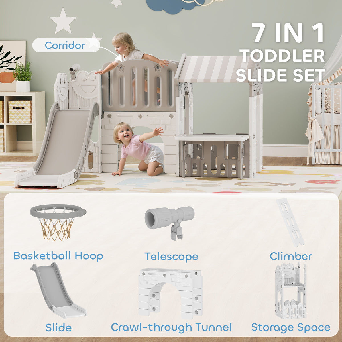 7-in-1 Toddler Slide, Kids Slide Climber Playset with Playhouse and Basketball Hoop for 1-4 Years-Toys & Games > Kids Outdoor Play > Gym Sets & Swings-DECOROLALA