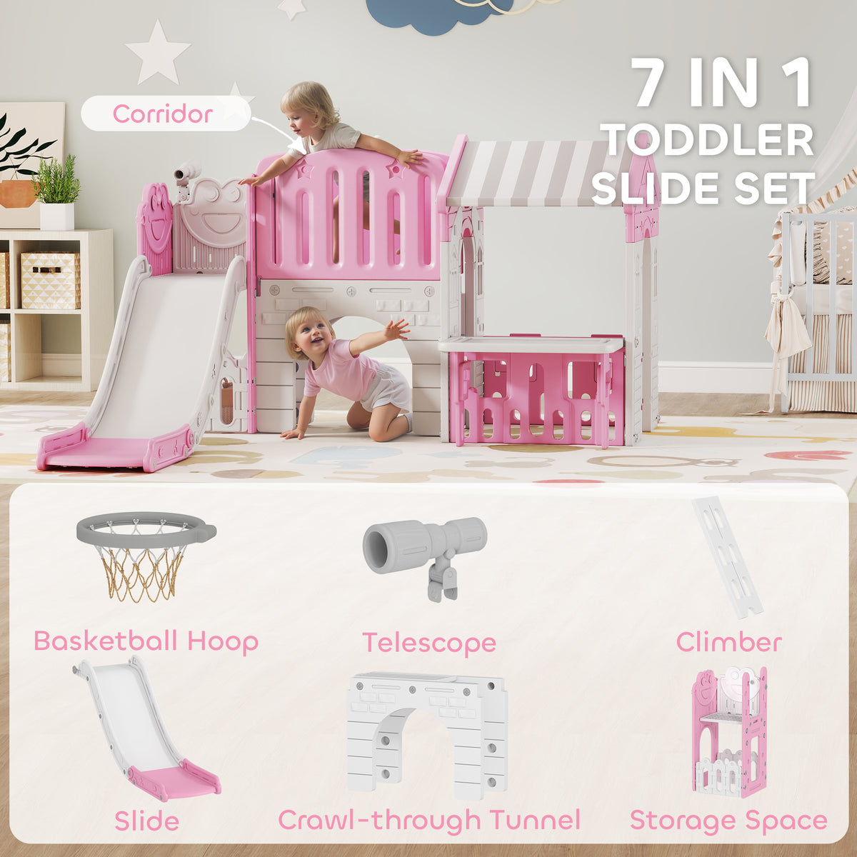 7-in-1 Toddler Slide, Kids Slide Climber Playset with Playhouse and Basketball Hoop for 1-4 Years-Toys & Games > Kids Outdoor Play > Gym Sets & Swings-DECOROLALA