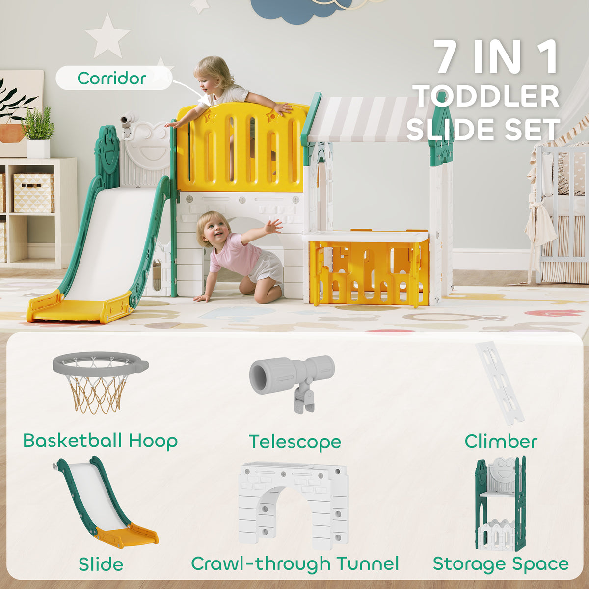 7-in-1 Toddler Slide, Kids Slide Climber Playset with Playhouse and Basketball Hoop for 1-4 Years-Toys & Games > Kids Outdoor Play > Gym Sets & Swings-DECOROLALA