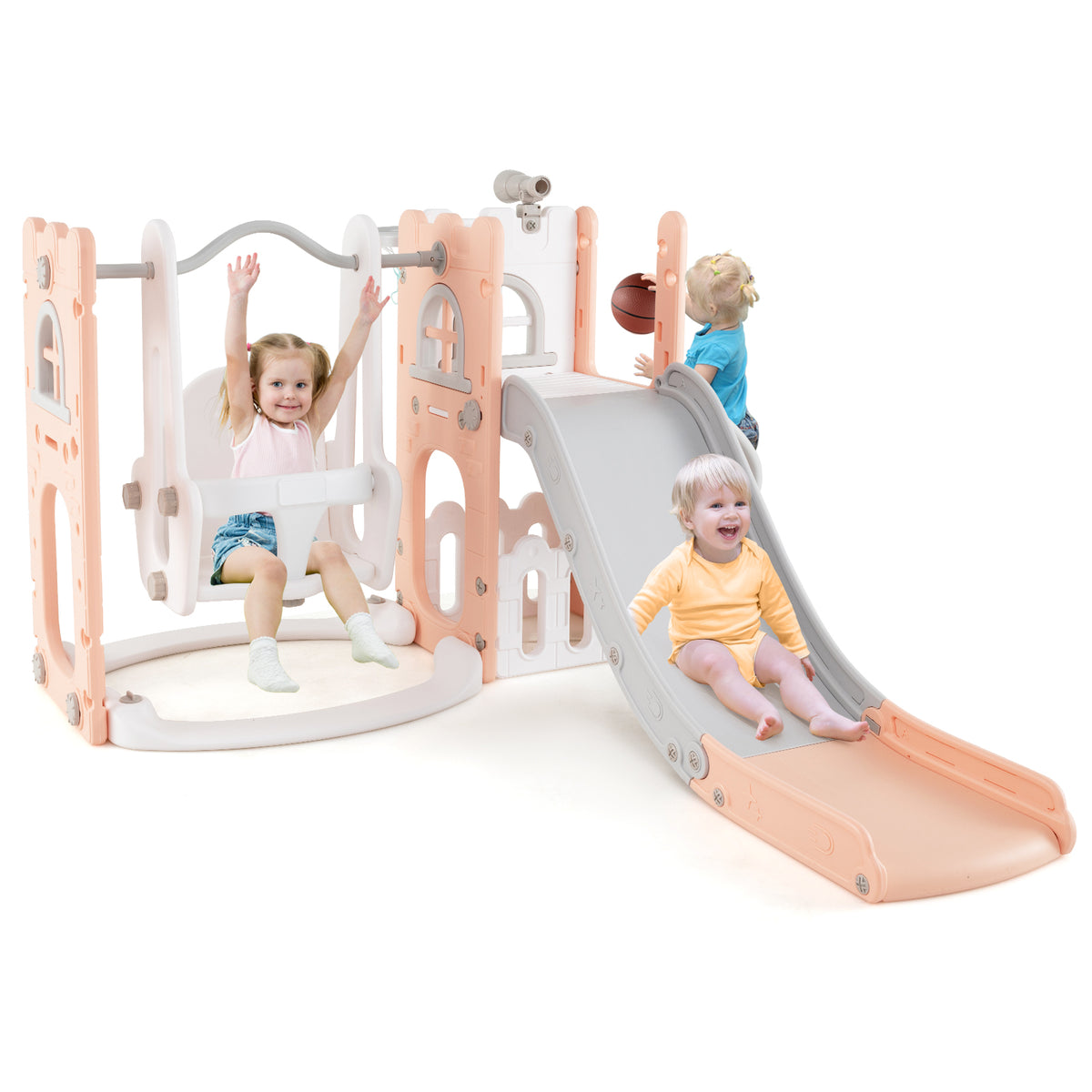 7-in-1 Toddler Swing and Slide Set - L-Shaped with Basketball Hoop