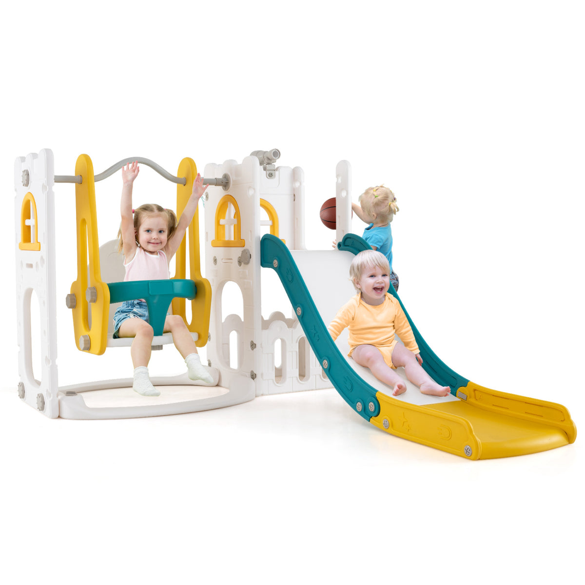 7-in-1 Toddler Swing and Slide Set - L-Shaped with Basketball Hoop