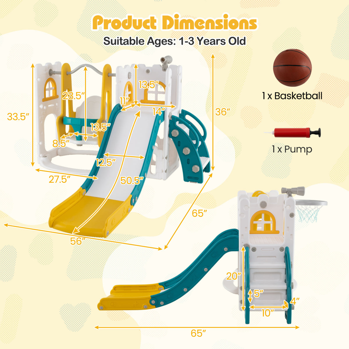 7-in-1 Toddler Swing and Slide Set - L-Shaped with Basketball Hoop