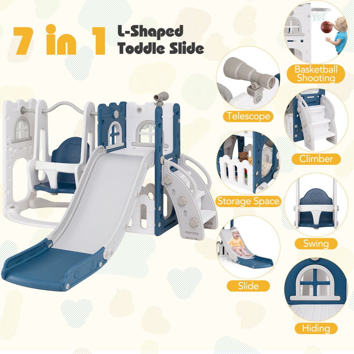 7-in-1 Toddler Swing and Slide Set - L-Shaped with Basketball Hoop