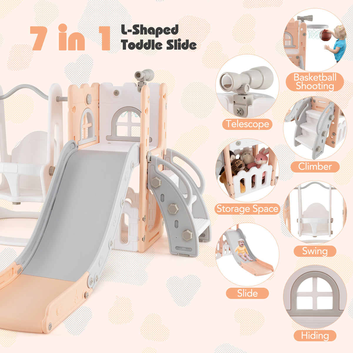 7-in-1 Toddler Swing and Slide Set - L-Shaped with Basketball Hoop