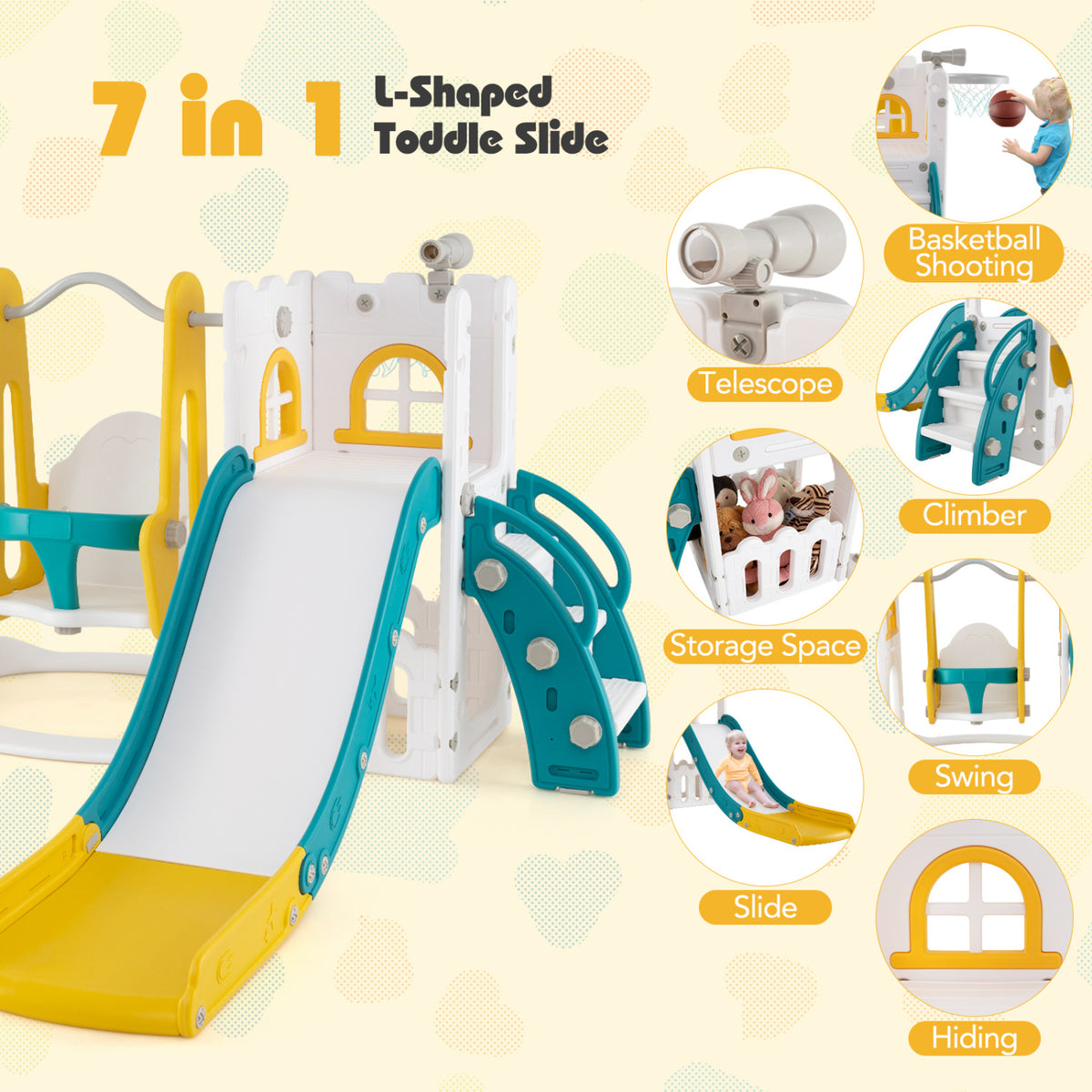7-in-1 Toddler Swing and Slide Set - L-Shaped with Basketball Hoop