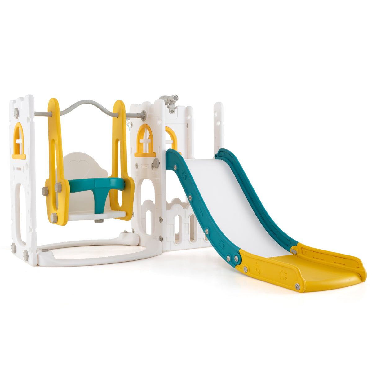 7-in-1 Toddler Swing and Slide Set - L-Shaped with Basketball Hoop