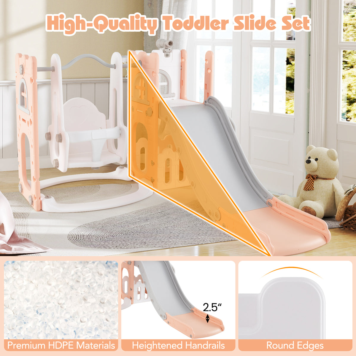 7-in-1 Toddler Swing and Slide Set - L-Shaped with Basketball Hoop