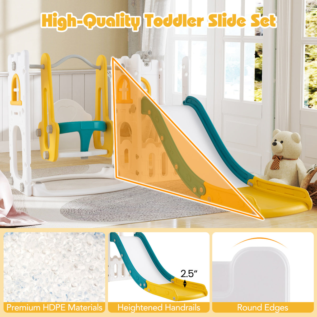 7-in-1 Toddler Swing and Slide Set - L-Shaped with Basketball Hoop