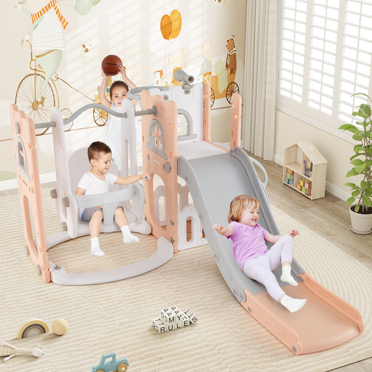 7-in-1 Toddler Swing and Slide Set - L-Shaped with Basketball Hoop