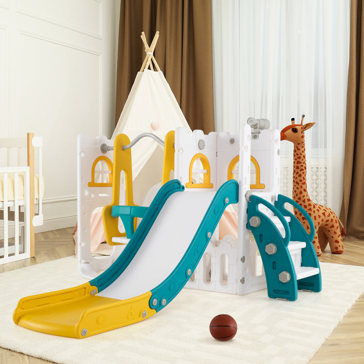 7-in-1 Toddler Swing and Slide Set - L-Shaped with Basketball Hoop