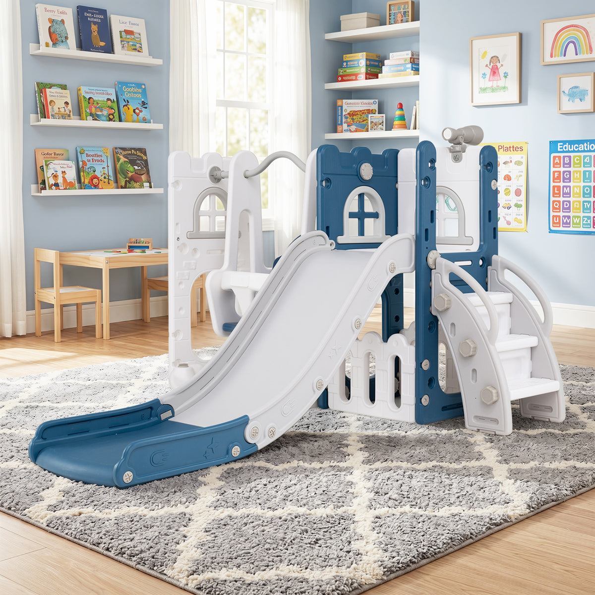 7-in-1 Toddler Swing and Slide Set - L-Shaped with Basketball Hoop