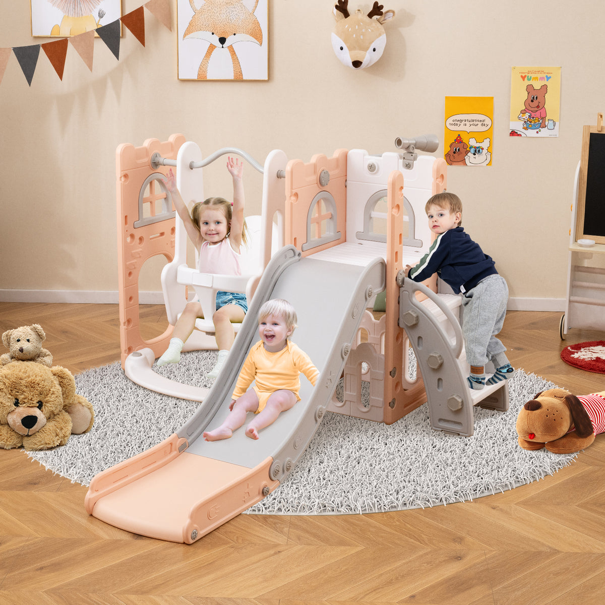 7-in-1 Toddler Swing and Slide Set - L-Shaped with Basketball Hoop
