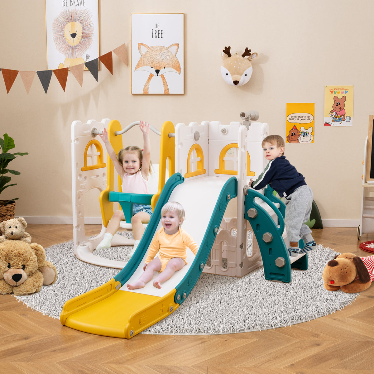 7-in-1 Toddler Swing and Slide Set - L-Shaped with Basketball Hoop