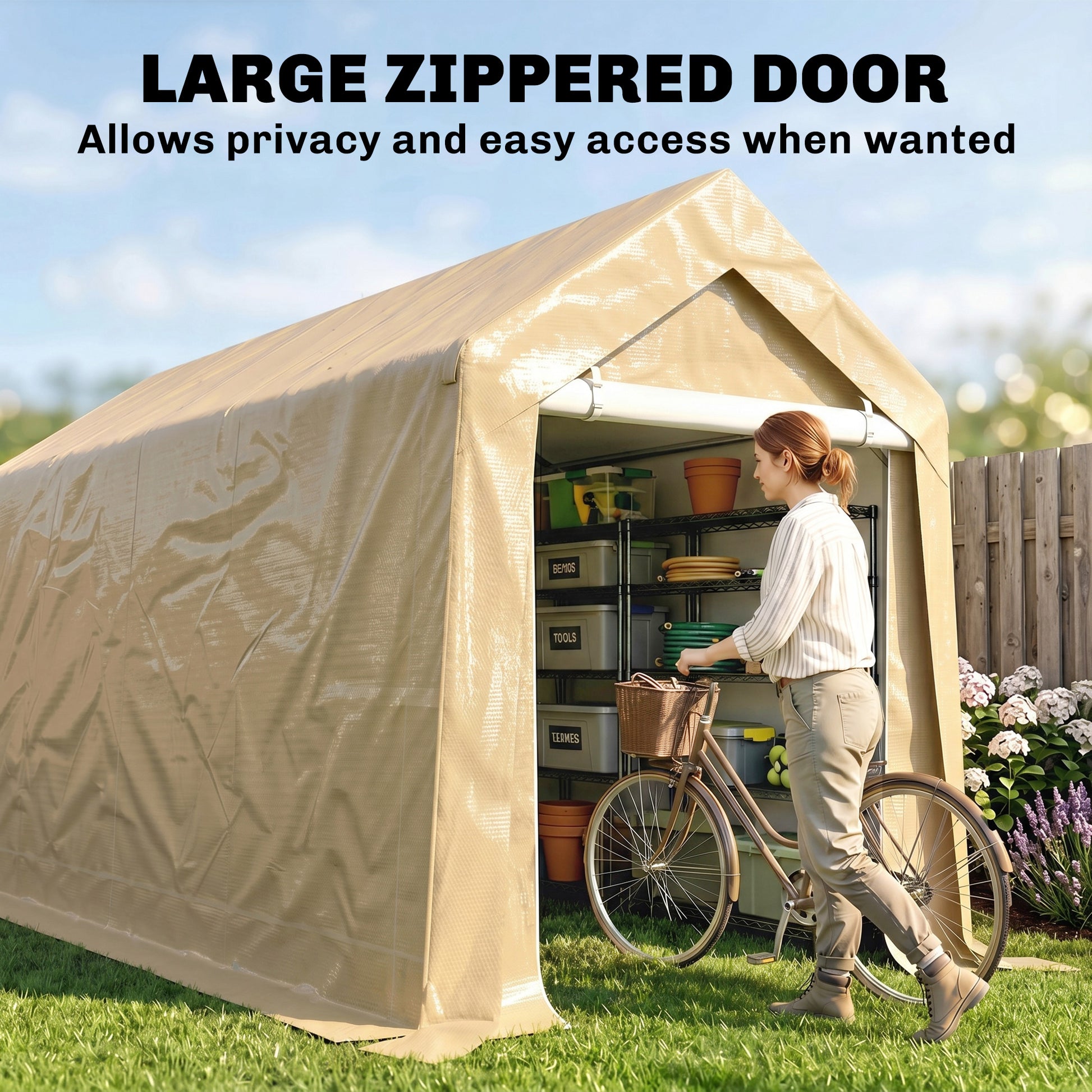 7' x 12' Outdoor Storage Shed Portable Garage - Beige-Patio & Garden > Lawn & Garden > Sheds > Portable Shed-DECOROLALA
