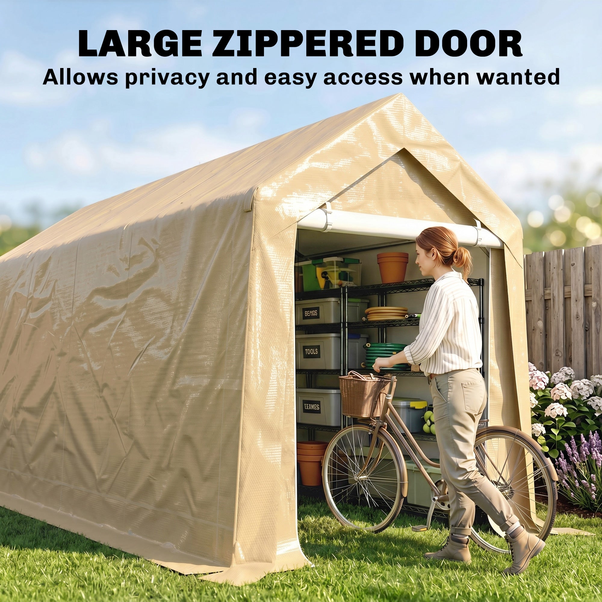 7' x 12' Outdoor Storage Shed Portable Garage - Beige-Patio & Garden > Lawn & Garden > Sheds > Portable Shed-DECOROLALA