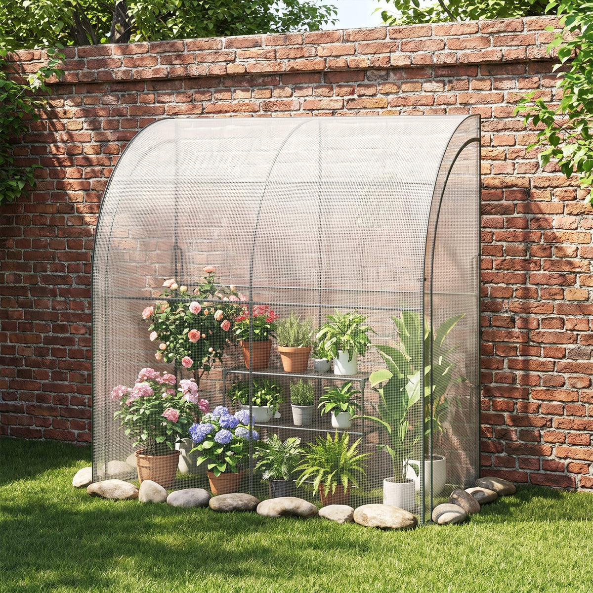 7 x 3.5 x 7 Feet Lean-to Greenhouse with Flower Rack-White-Greenhouses-DECOROLALA