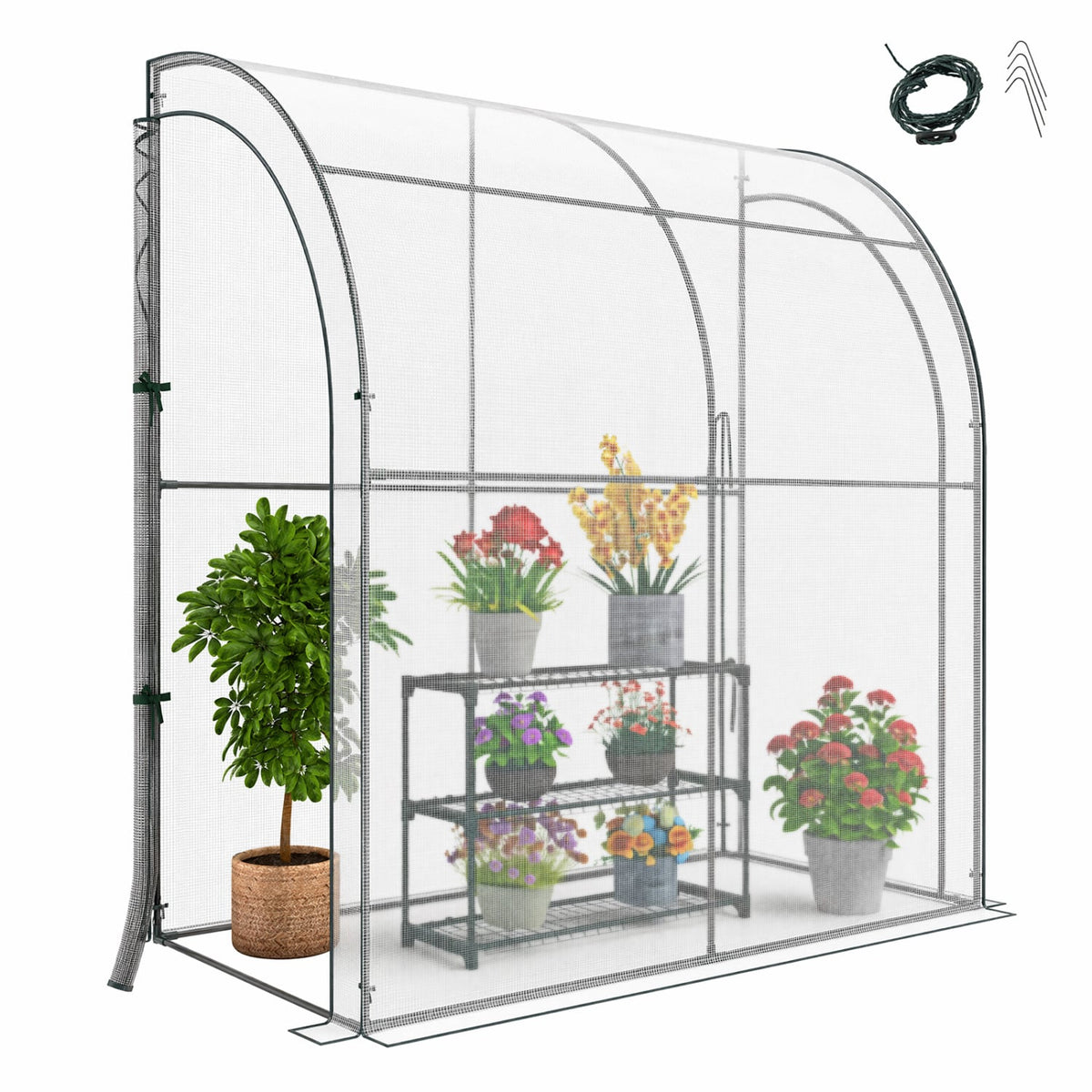7 x 3.5 x 7 Feet Lean-to Greenhouse with Flower Rack-White-Greenhouses-DECOROLALA