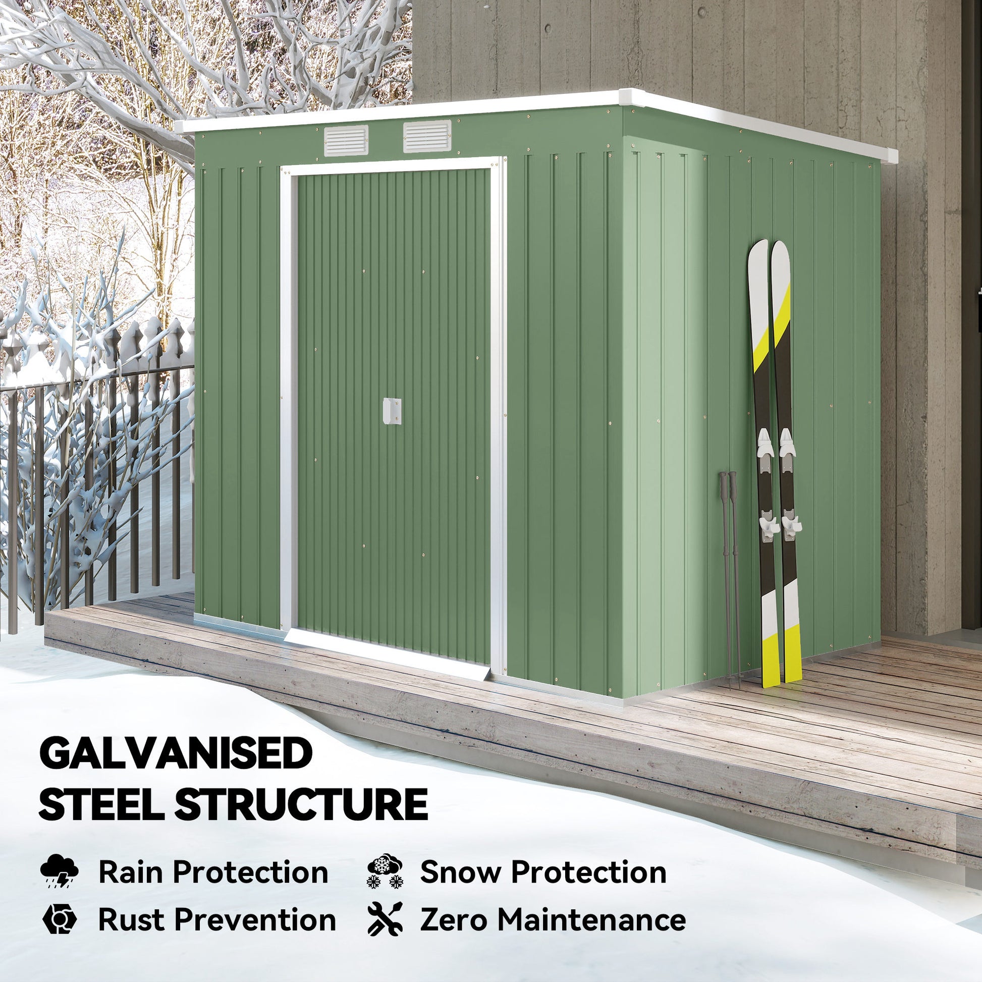 7' x 4' Galvanized Steel Garden Shed with Foundation - Green-Patio & Garden > Lawn & Garden > Sheds-DECOROLALA