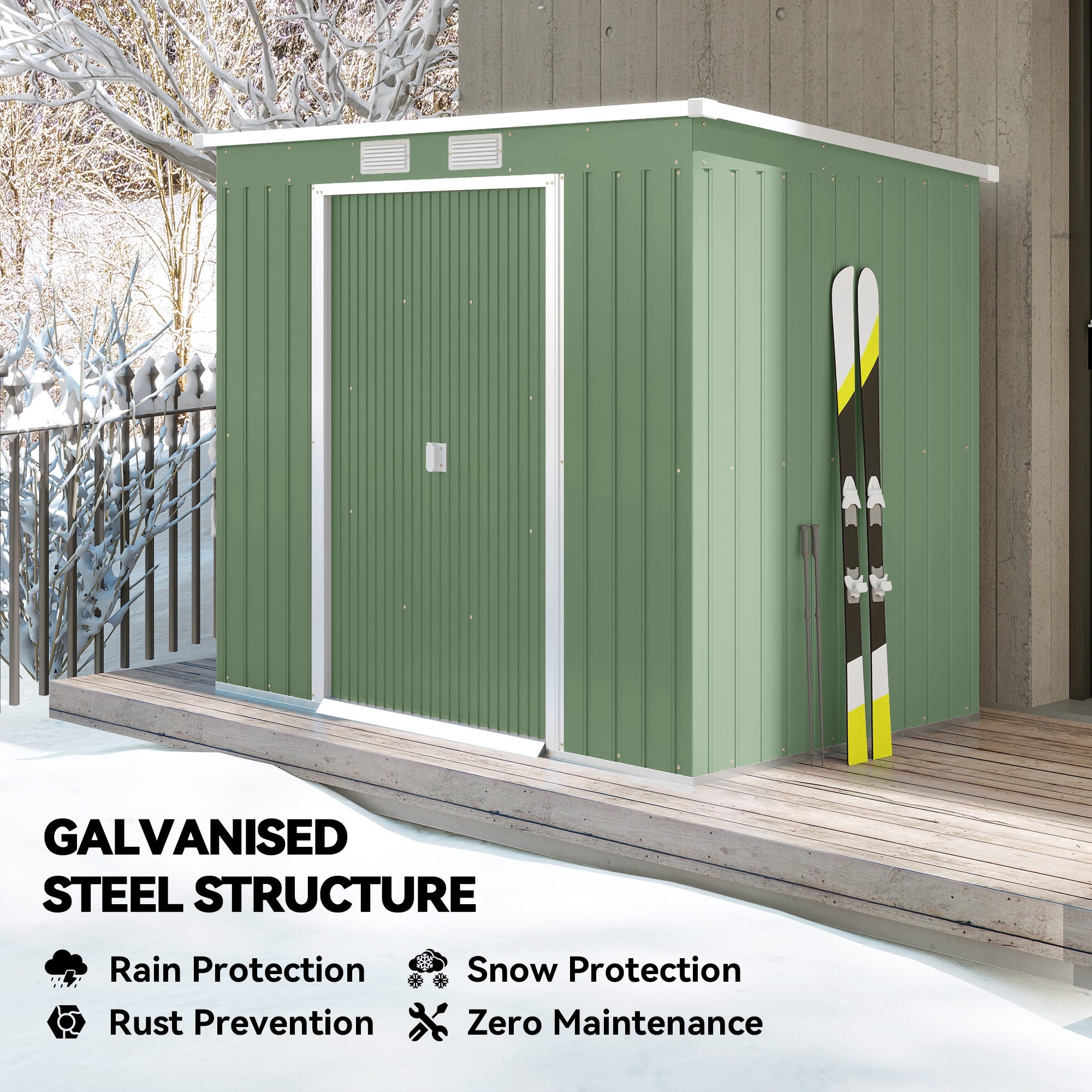 7' x 4' Galvanized Steel Garden Shed with Foundation - Green-Patio & Garden > Lawn & Garden > Sheds-DECOROLALA