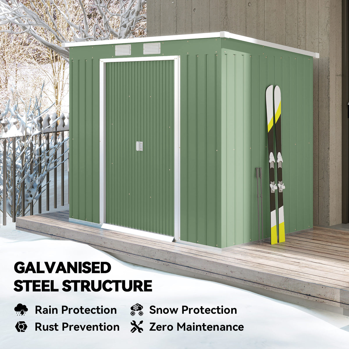 7' x 4' Galvanized Steel Garden Shed with Foundation - Green-Patio & Garden > Lawn & Garden > Sheds-DECOROLALA