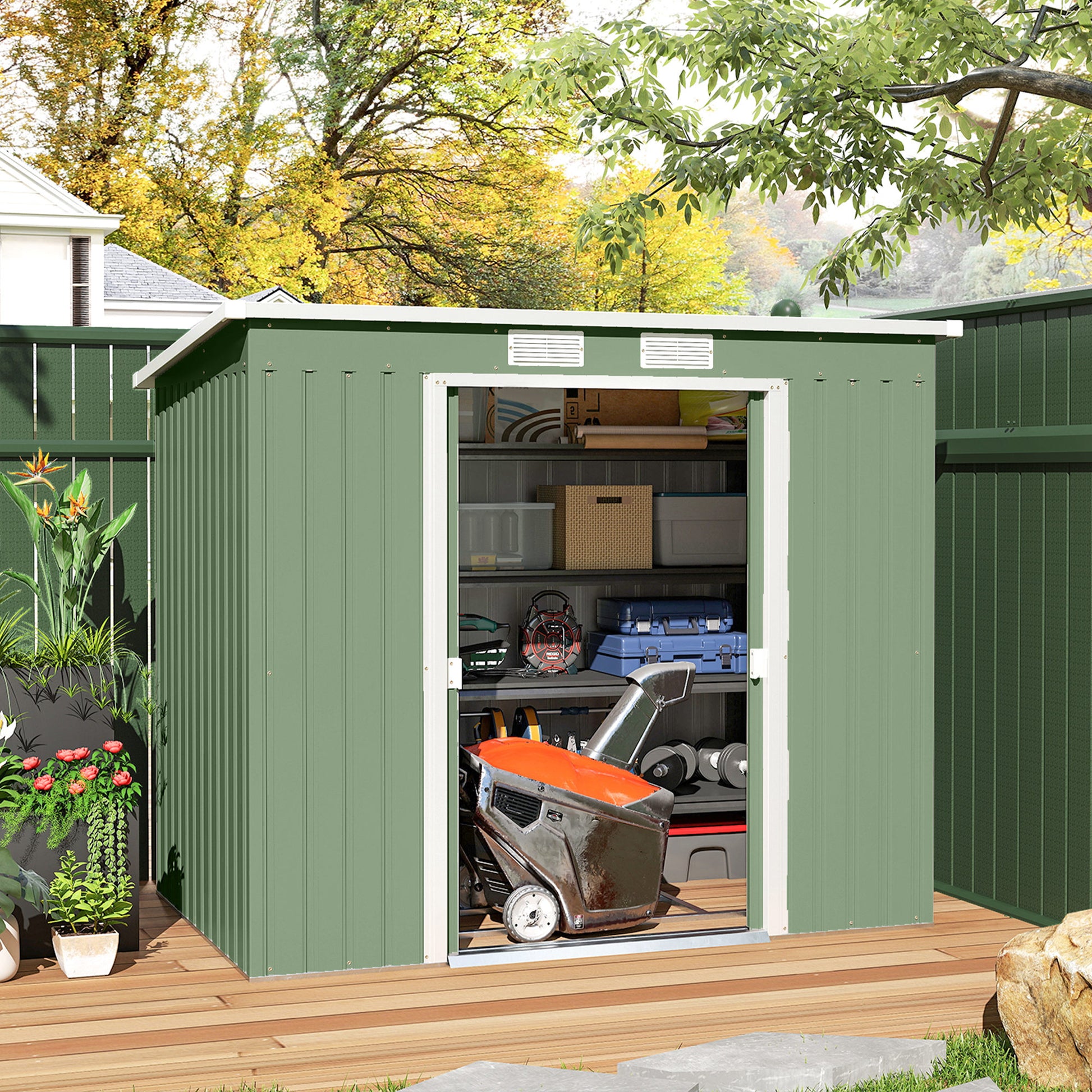 7' x 4' Galvanized Steel Garden Shed with Foundation - Green-Patio & Garden > Lawn & Garden > Sheds-DECOROLALA