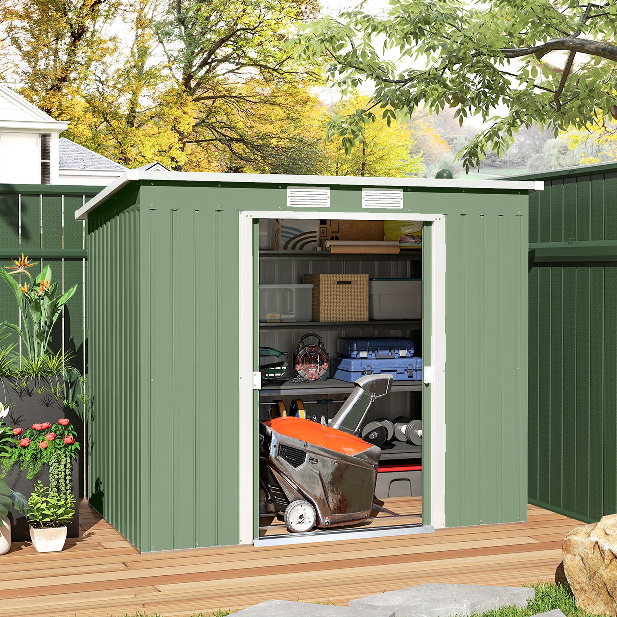 7' x 4' Galvanized Steel Garden Shed with Foundation - Green-Patio & Garden > Lawn & Garden > Sheds-DECOROLALA