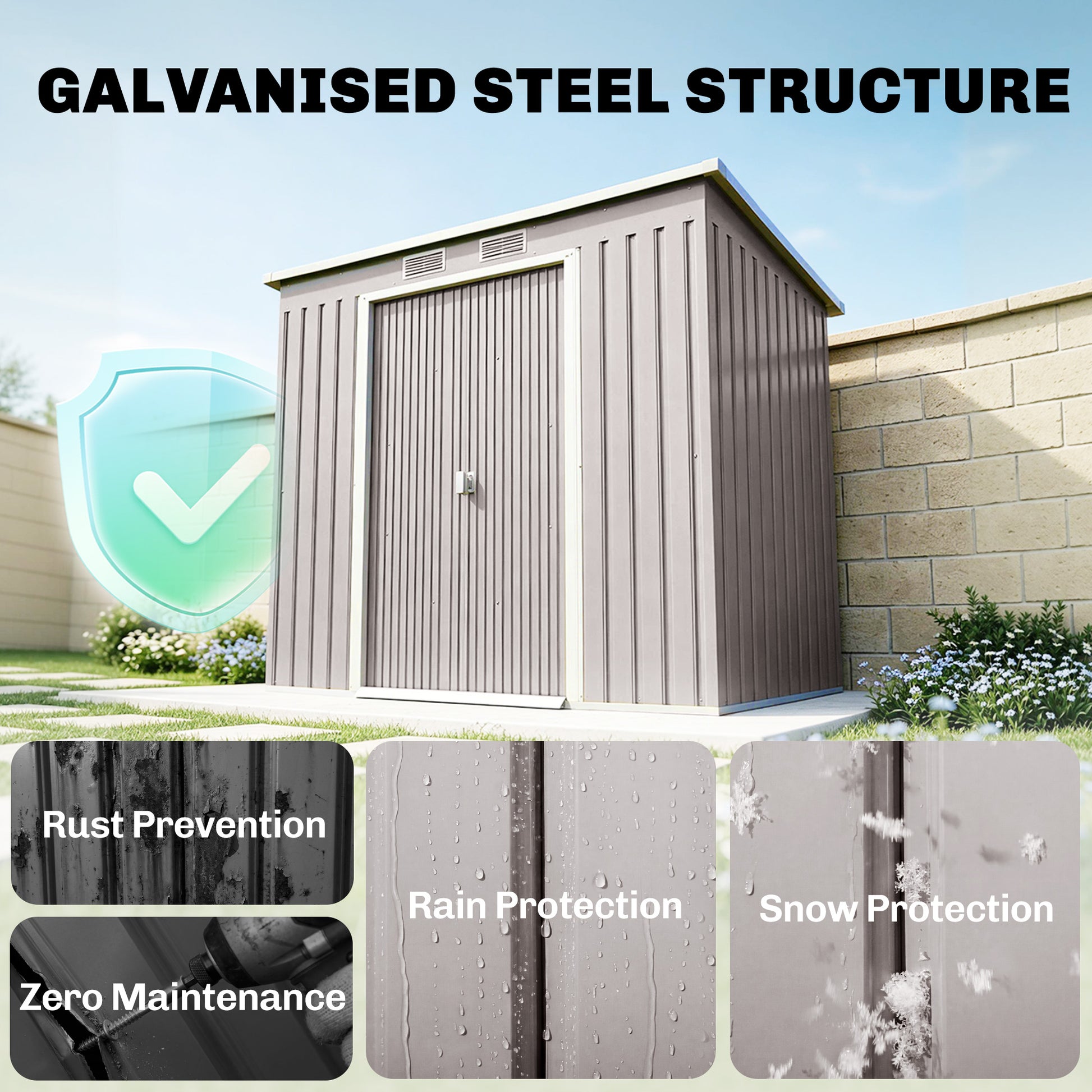 7' x 4' Galvanized Steel Garden Shed with Foundation - Grey-Patio & Garden > Lawn & Garden > Sheds-DECOROLALA