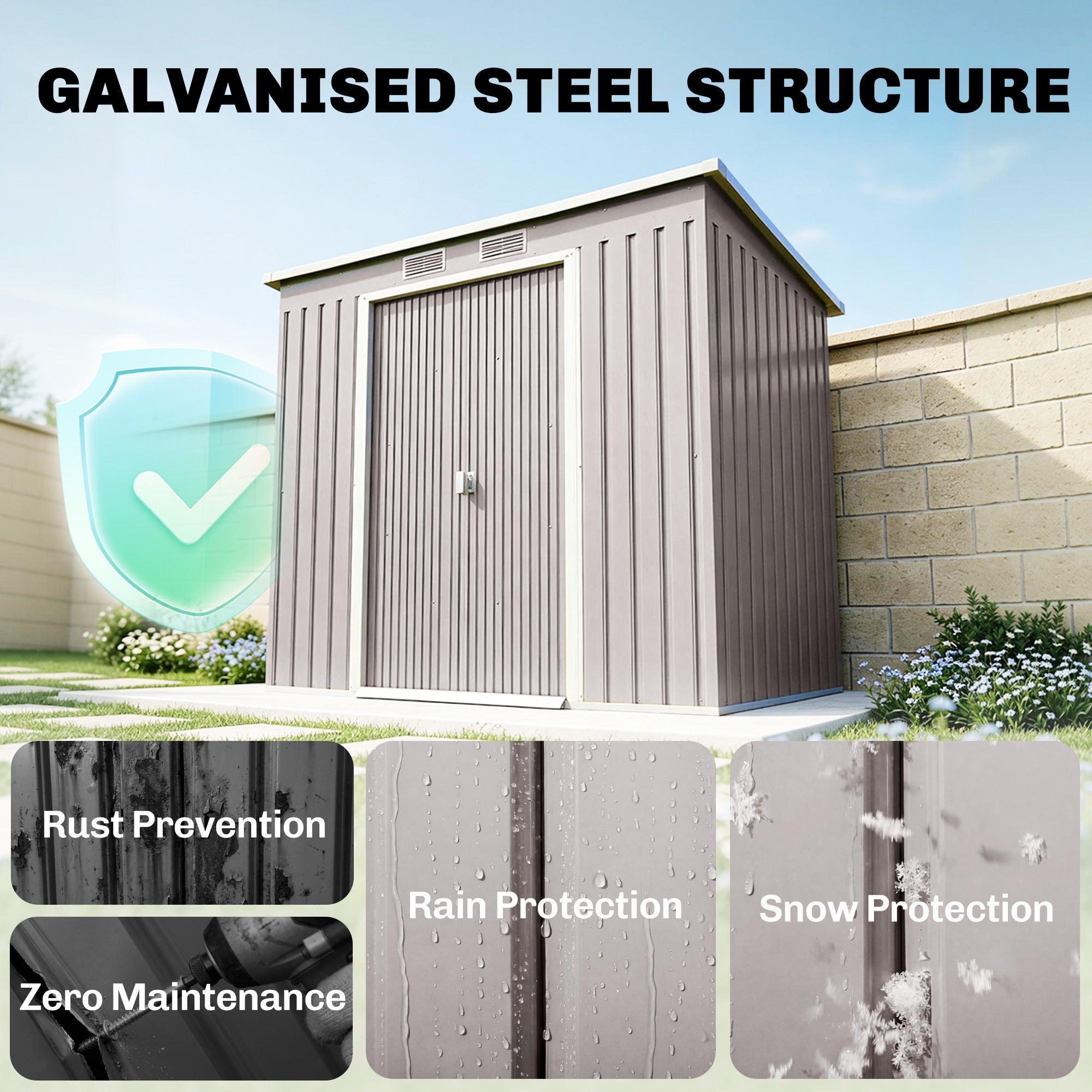 7' x 4' Galvanized Steel Garden Shed with Foundation - Grey-Patio & Garden > Lawn & Garden > Sheds-DECOROLALA