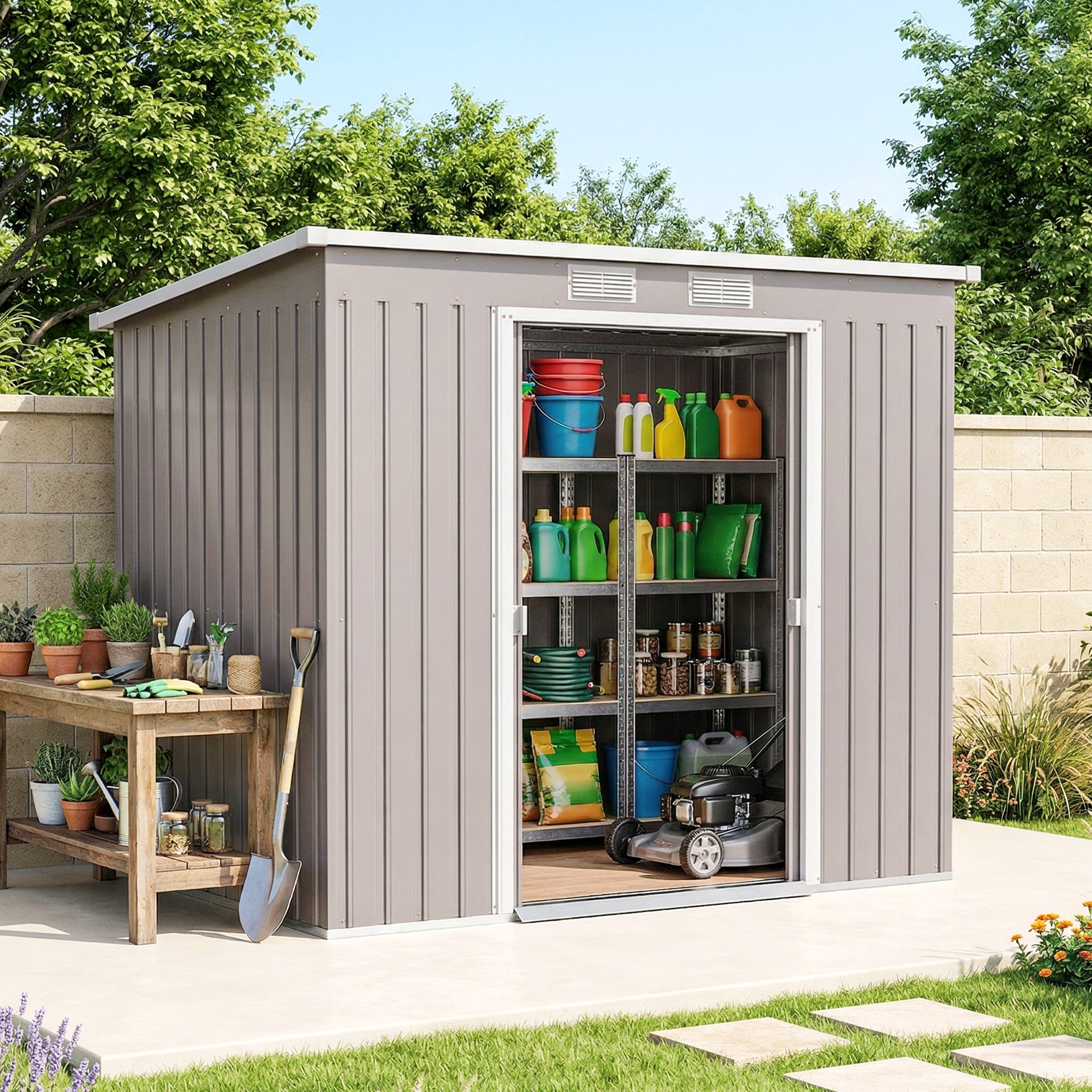 7' x 4' Galvanized Steel Garden Shed with Foundation - Grey-Patio & Garden > Lawn & Garden > Sheds-DECOROLALA