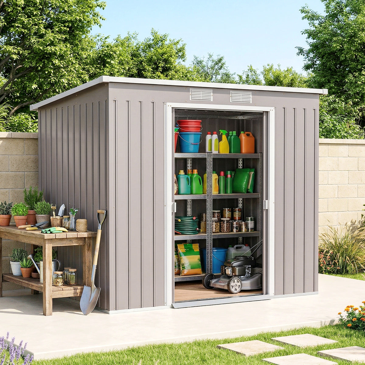 7' x 4' Galvanized Steel Garden Shed with Foundation - Grey-Patio & Garden > Lawn & Garden > Sheds-DECOROLALA