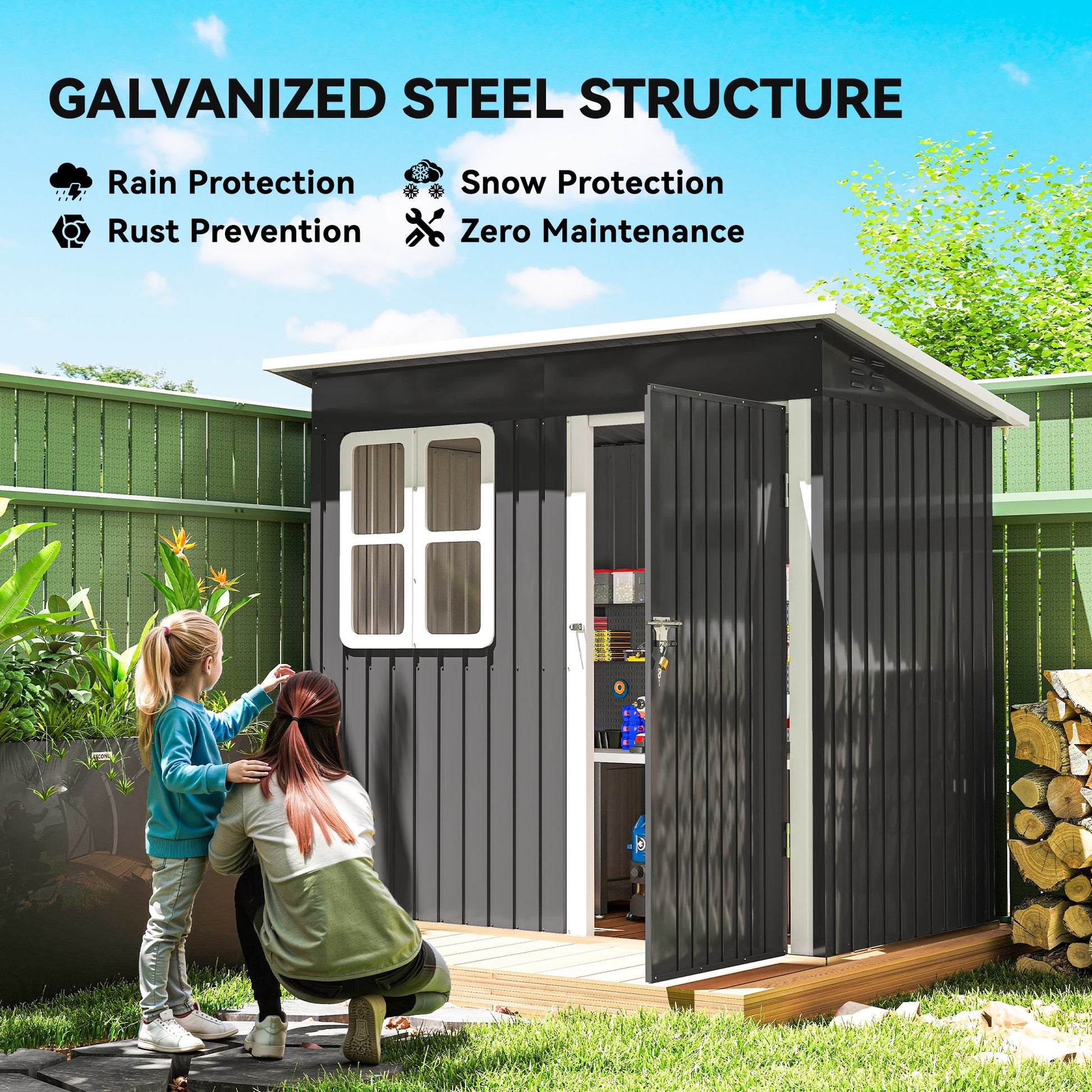 7' x 4' Galvanized Steel Outdoor Storage Shed - Dark Grey-Patio & Garden > Lawn & Garden > Sheds-DECOROLALA
