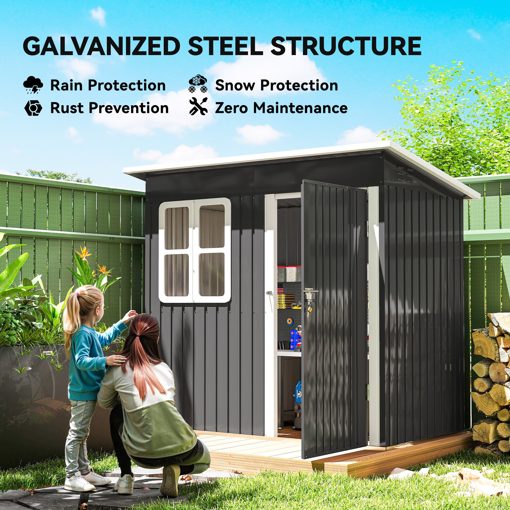 7' x 4' Galvanized Steel Outdoor Storage Shed - Dark Grey-Patio & Garden > Lawn & Garden > Sheds-DECOROLALA