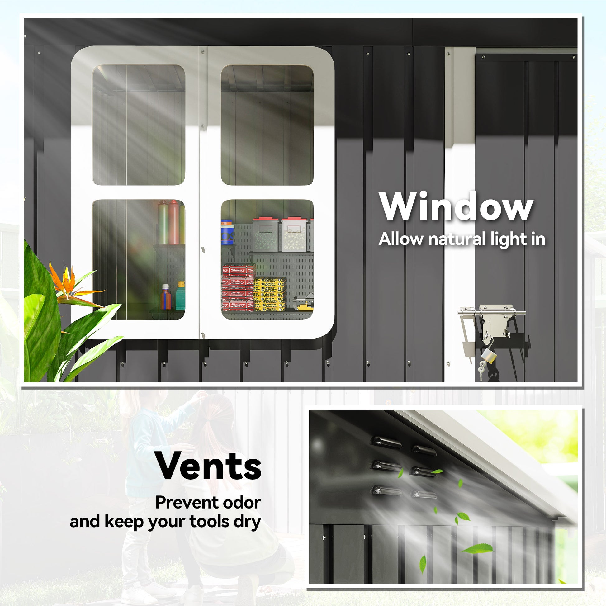 7' x 4' Galvanized Steel Outdoor Storage Shed - Dark Grey-Patio & Garden > Lawn & Garden > Sheds-DECOROLALA