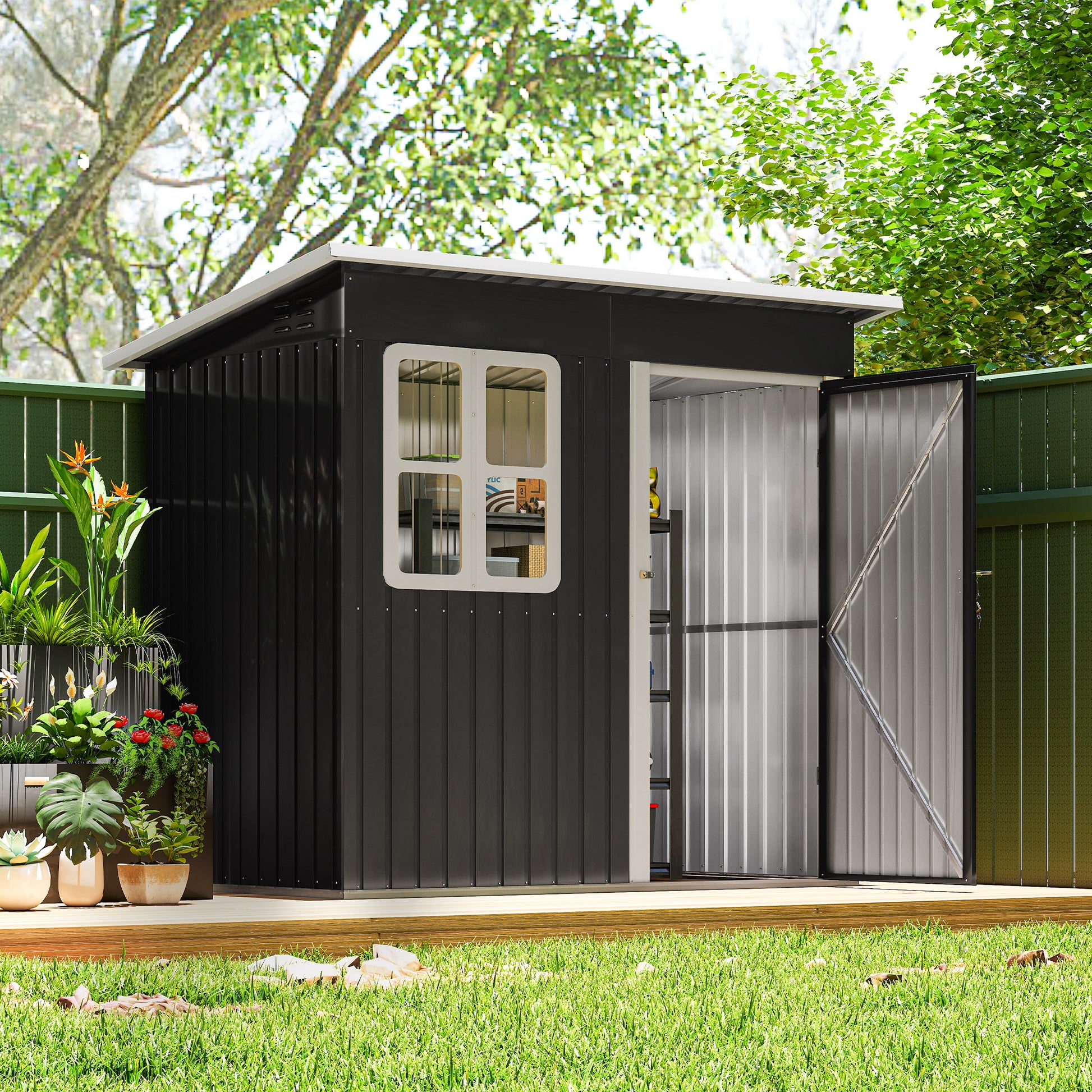 7' x 4' Galvanized Steel Outdoor Storage Shed - Dark Grey-Patio & Garden > Lawn & Garden > Sheds-DECOROLALA