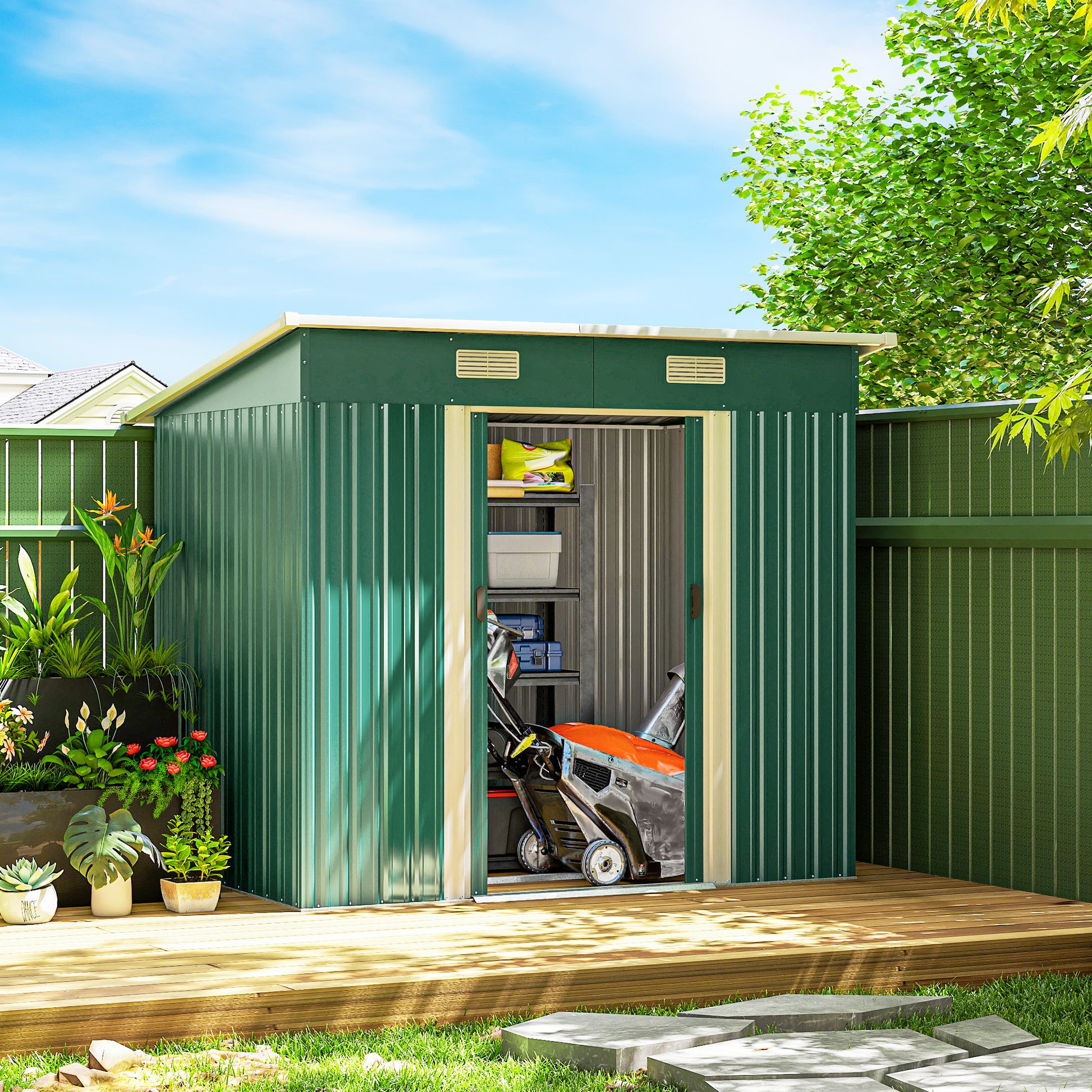 7' x 4' Metal Garden Storage Shed - Lockable Steel Unit, Green-Patio & Garden > Lawn & Garden > Sheds-DECOROLALA
