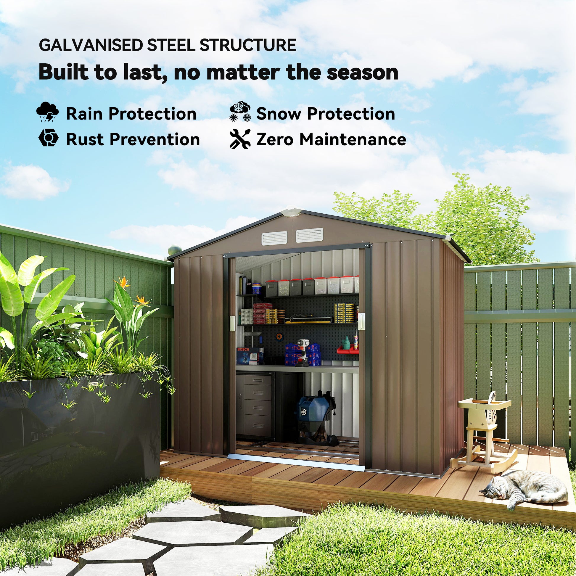 7' x 4' Metal Garden Storage Shed with Foundation - Brown-Patio & Garden > Lawn & Garden > Sheds-DECOROLALA